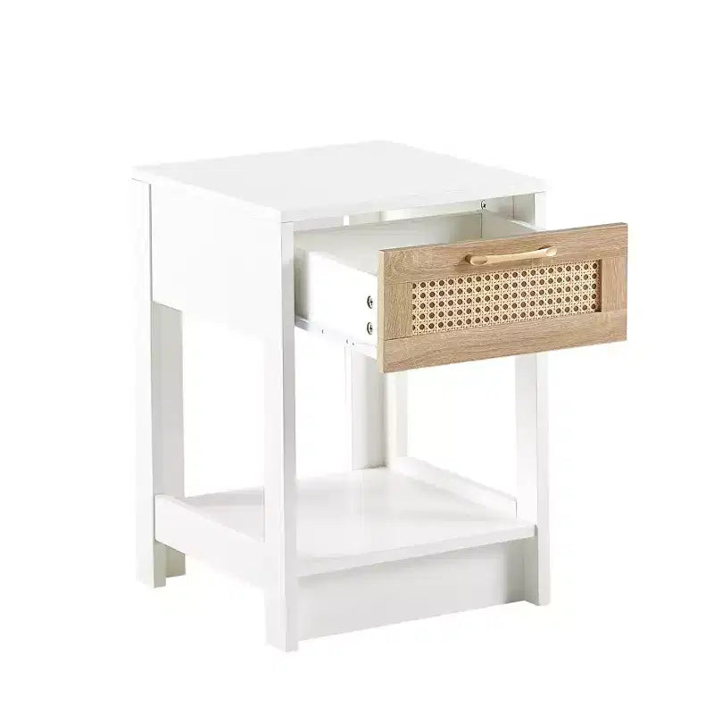 Nightstand with Rattan Drawer and Open Shelf, Bedside Table
