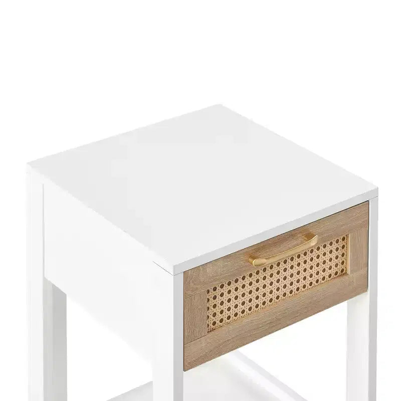 Nightstand with Rattan Drawer and Open Shelf, Bedside Table