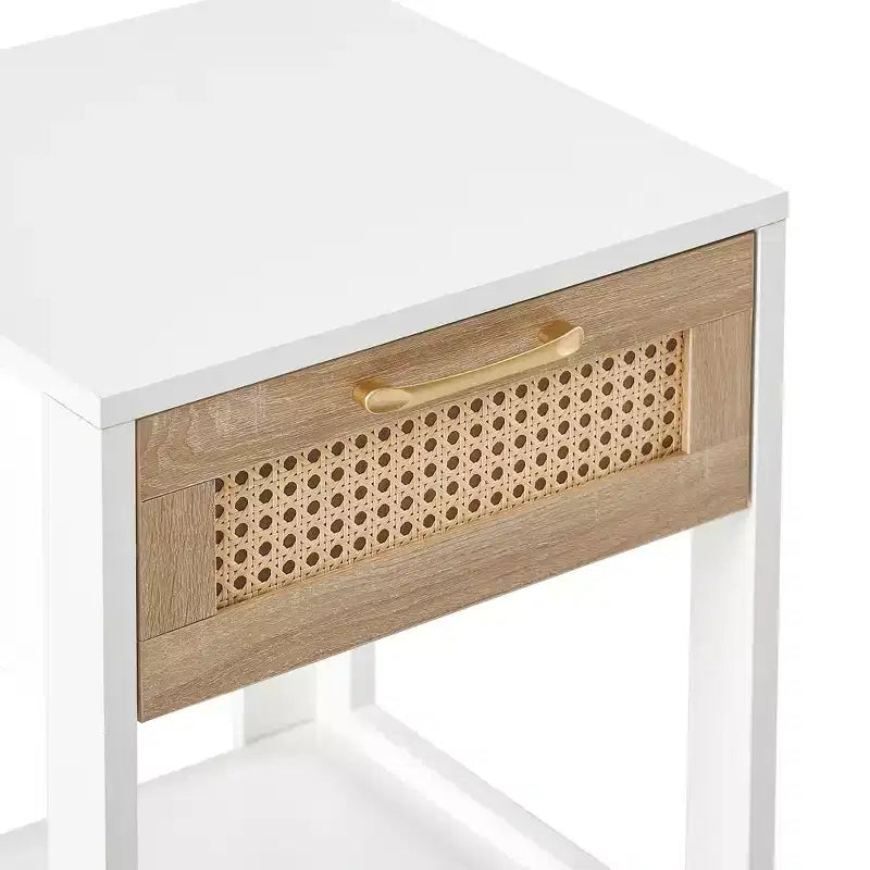 Nightstand with Rattan Drawer and Open Shelf, Bedside Table