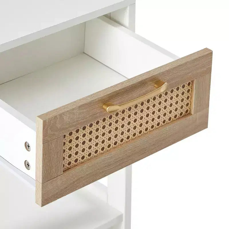 Nightstand with Rattan Drawer and Open Shelf, Bedside Table