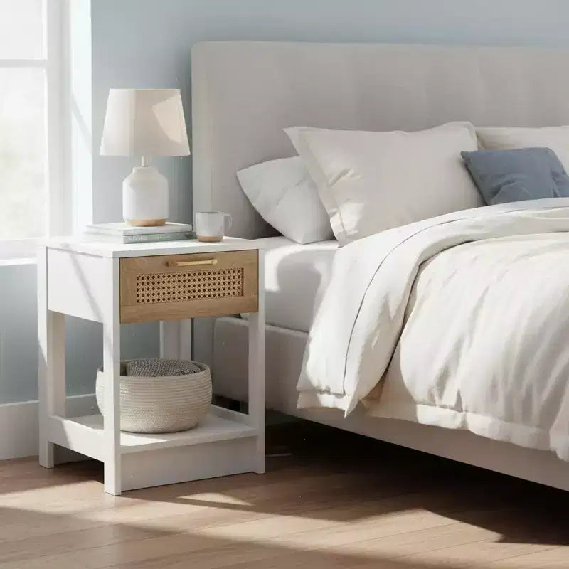 Nightstand with Rattan Drawer and Open Shelf, Bedside Table