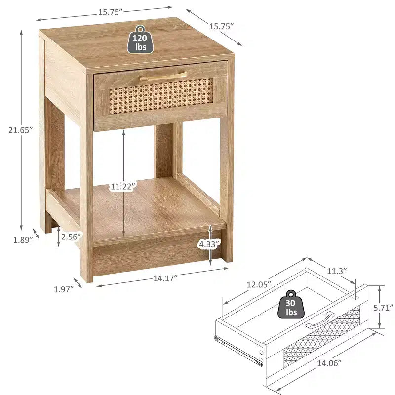 Nightstand with Rattan Drawer and Open Shelf, Bedside Table