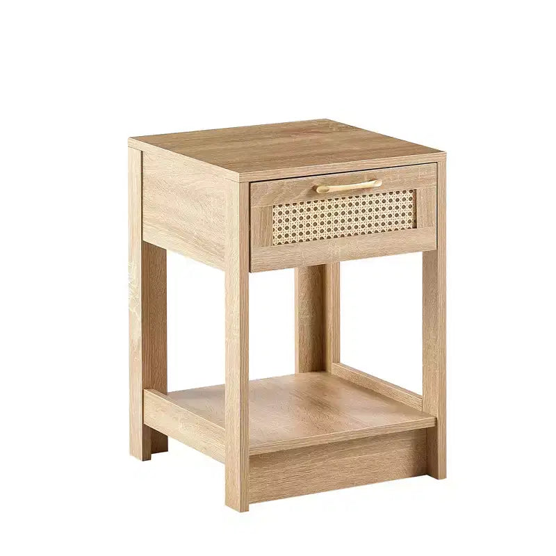 Nightstand with Rattan Drawer and Open Shelf, Bedside Table