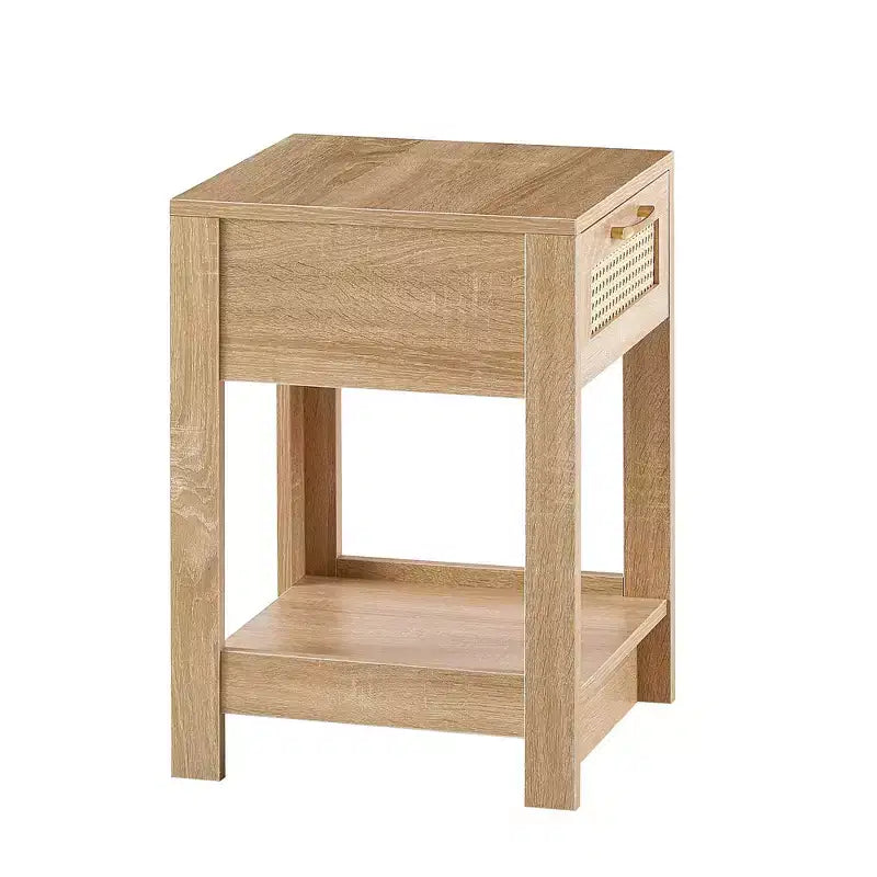 Nightstand with Rattan Drawer and Open Shelf, Bedside Table