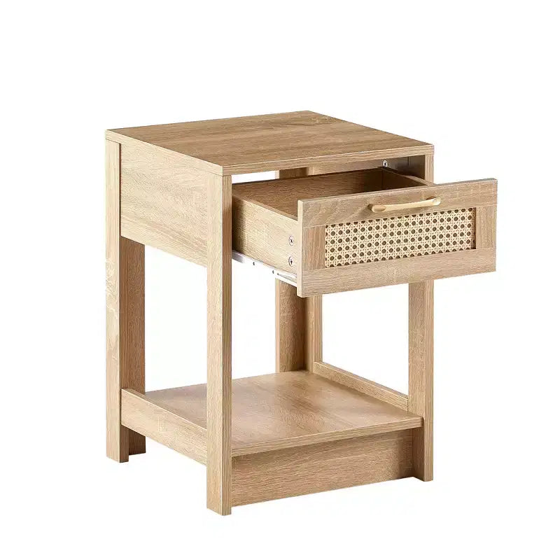 Nightstand with Rattan Drawer and Open Shelf, Bedside Table