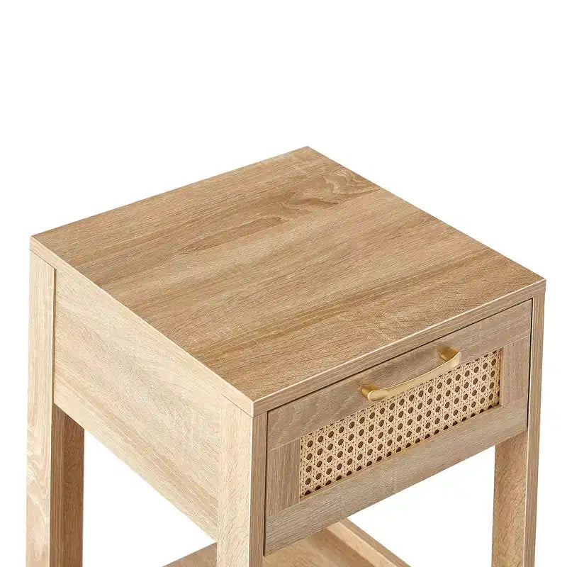 Nightstand with Rattan Drawer and Open Shelf, Bedside Table