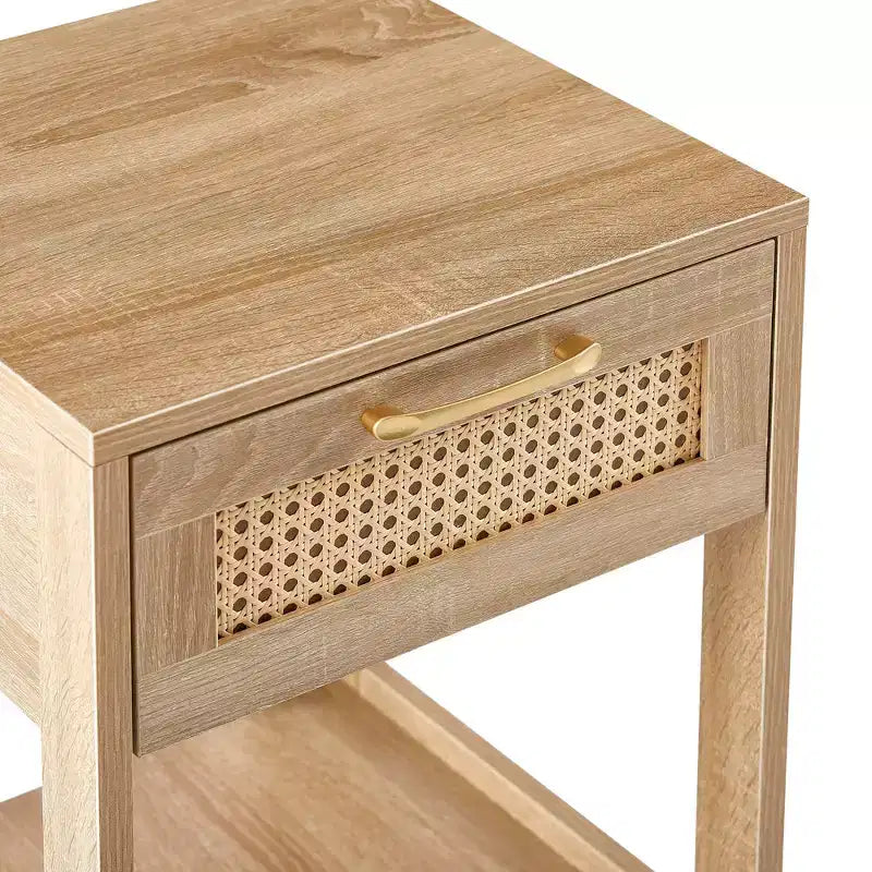 Nightstand with Rattan Drawer and Open Shelf, Bedside Table