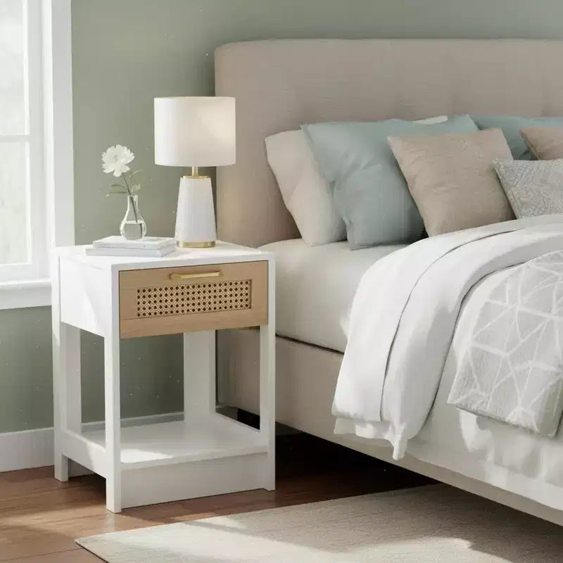 Nightstand with Rattan Drawer and Open Shelf, Bedside Table