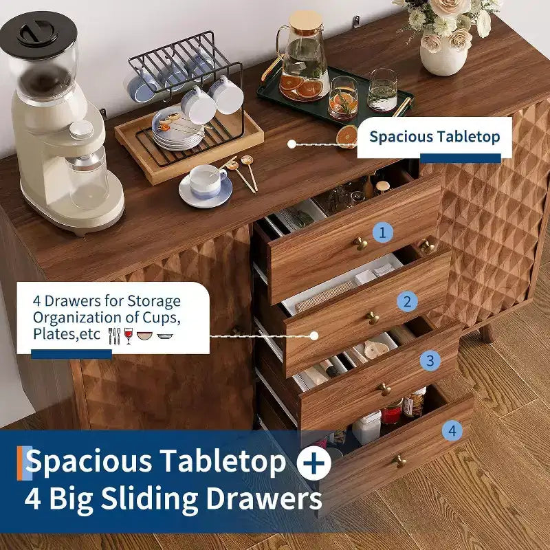 Sideboard Cabinet with 4 Drawers, Buffet Cabinet with Storage,Mid Century Modern Sideboards with 2 Door, Kitchen, Dining, Living Room