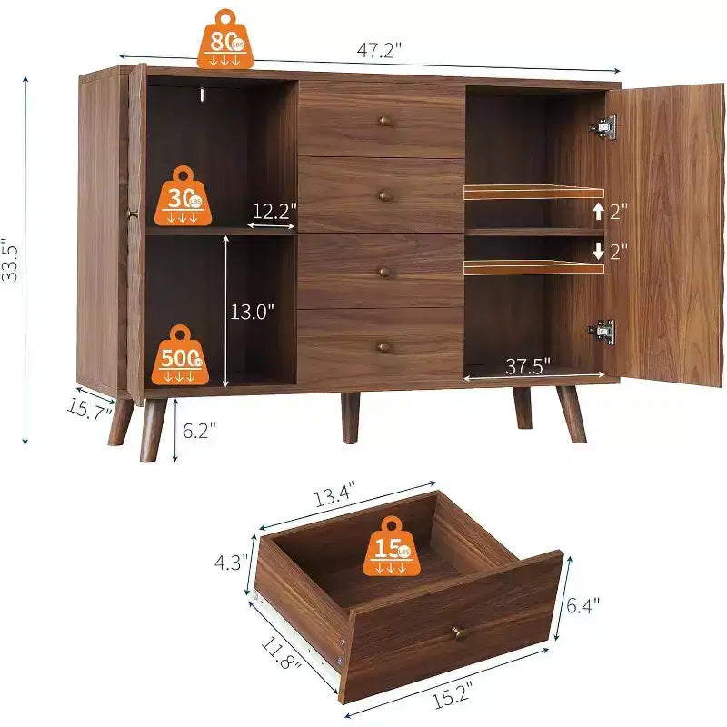 Sideboard Cabinet with 4 Drawers, Buffet Cabinet with Storage,Mid Century Modern Sideboards with 2 Door, Kitchen, Dining, Living Room