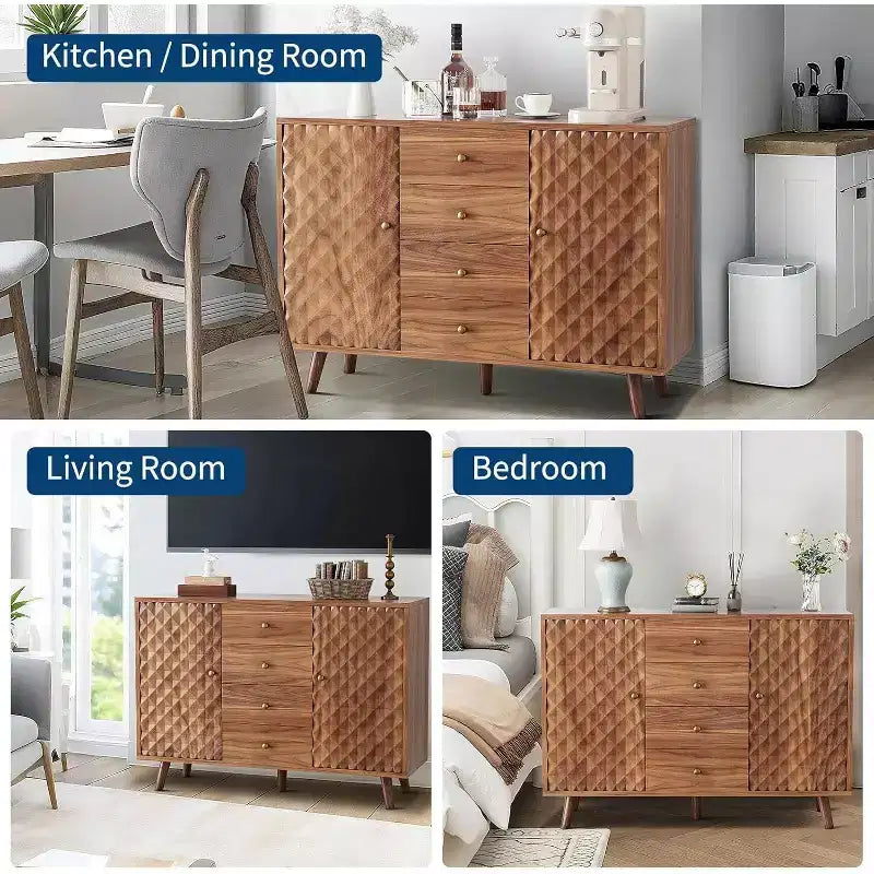 Sideboard Cabinet with 4 Drawers, Buffet Cabinet with Storage,Mid Century Modern Sideboards with 2 Door, Kitchen, Dining, Living Room