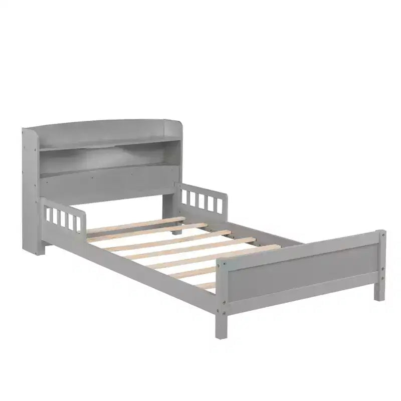 Twin Wood Bed with Bookcase Headboard, LED Motion Sensor Light and Adjustable Guardrails