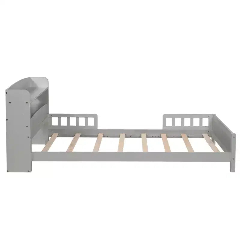 Twin Wood Bed with Bookcase Headboard, LED Motion Sensor Light and Adjustable Guardrails