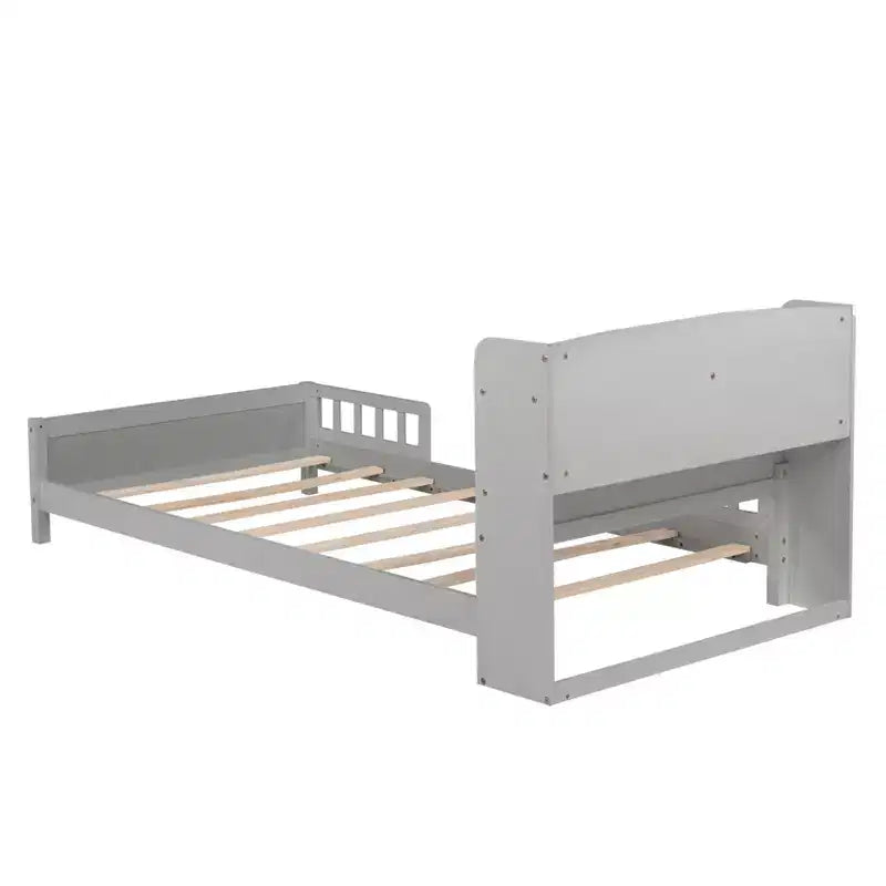 Twin Wood Bed with Bookcase Headboard, LED Motion Sensor Light and Adjustable Guardrails
