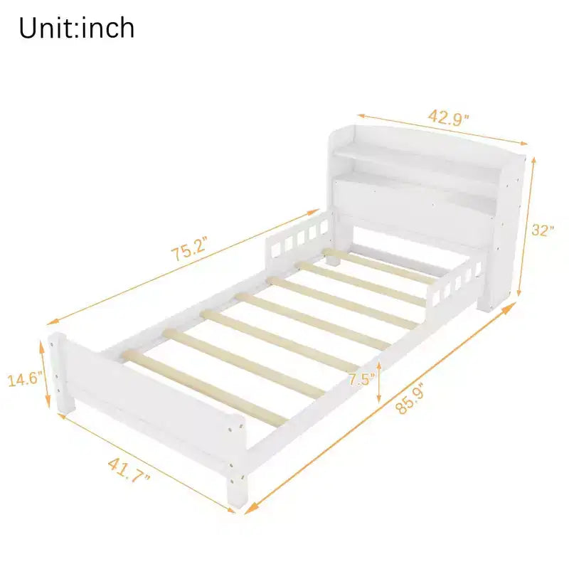 Twin Wood Bed with Bookcase Headboard, LED Motion Sensor Light and Adjustable Guardrails