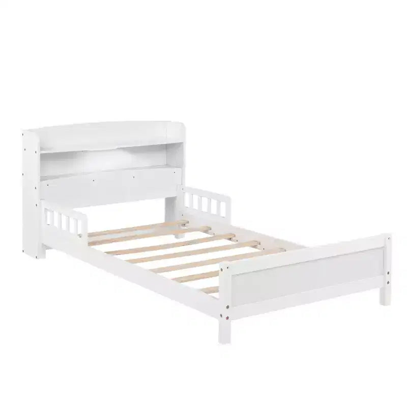 Twin Wood Bed with Bookcase Headboard, LED Motion Sensor Light and Adjustable Guardrails
