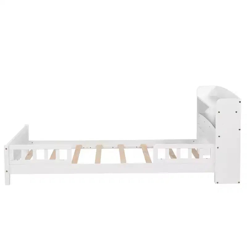 Twin Wood Bed with Bookcase Headboard, LED Motion Sensor Light and Adjustable Guardrails