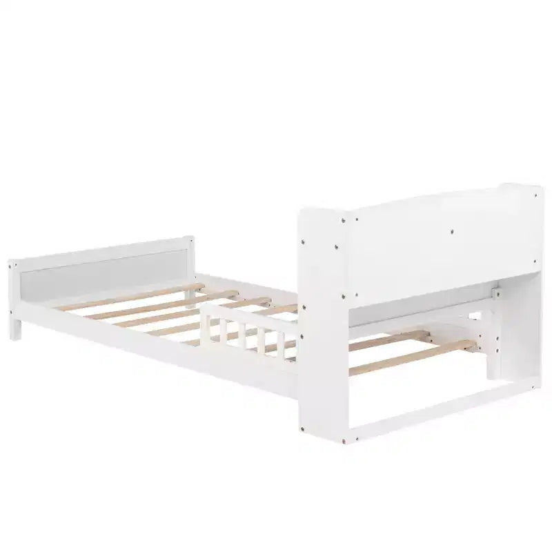 Twin Wood Bed with Bookcase Headboard, LED Motion Sensor Light and Adjustable Guardrails