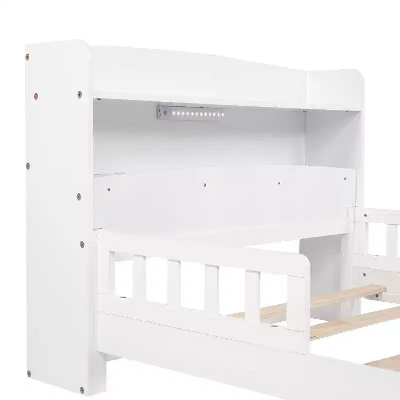 Twin Wood Bed with Bookcase Headboard, LED Motion Sensor Light and Adjustable Guardrails