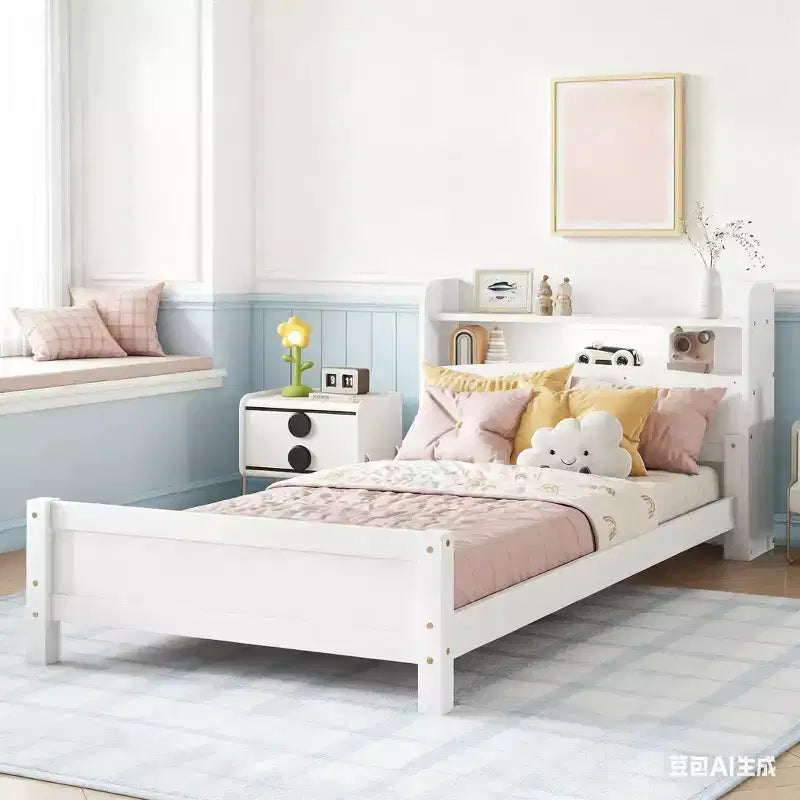 Twin Wood Bed with Bookcase Headboard, LED Motion Sensor Light and Adjustable Guardrails