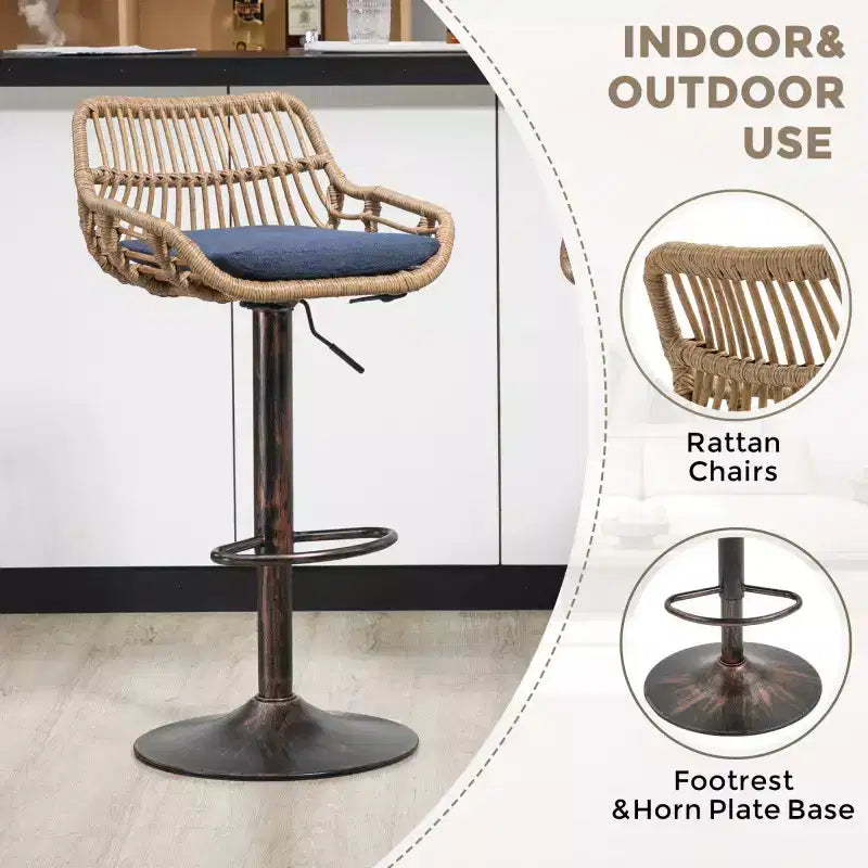 2Pcs Swivel Bar Stools With Footrest, Metal Frame, Up To 250 Lbs Load Bearing Capacity Retro Adjustable Height 35.04 To 42.9 Bar Chairs