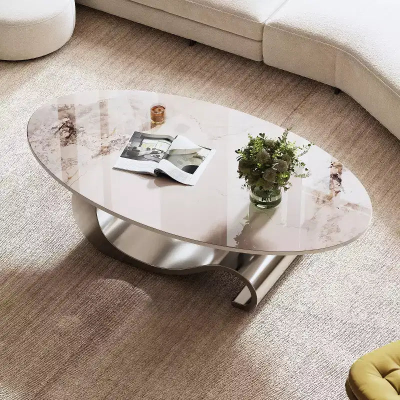 49-Inch Oval Coffee Table with Faux Marble Top and Stainless Steel Base