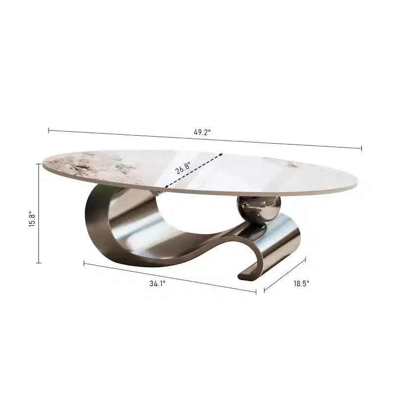 49-Inch Oval Coffee Table with Faux Marble Top and Stainless Steel Base