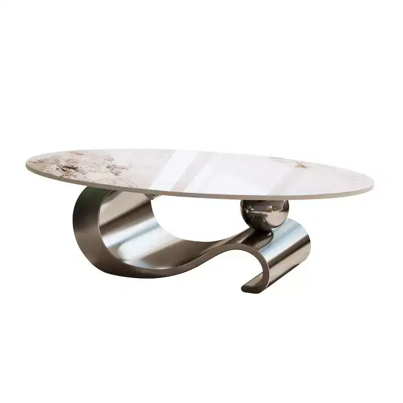 49-Inch Oval Coffee Table with Faux Marble Top and Stainless Steel Base