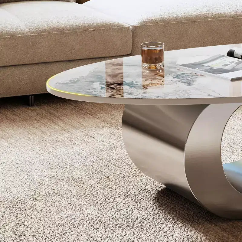 49-Inch Oval Coffee Table with Faux Marble Top and Stainless Steel Base