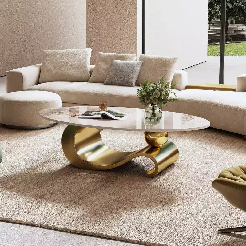 49-Inch Oval Coffee Table with Faux Marble Top and Stainless Steel Base