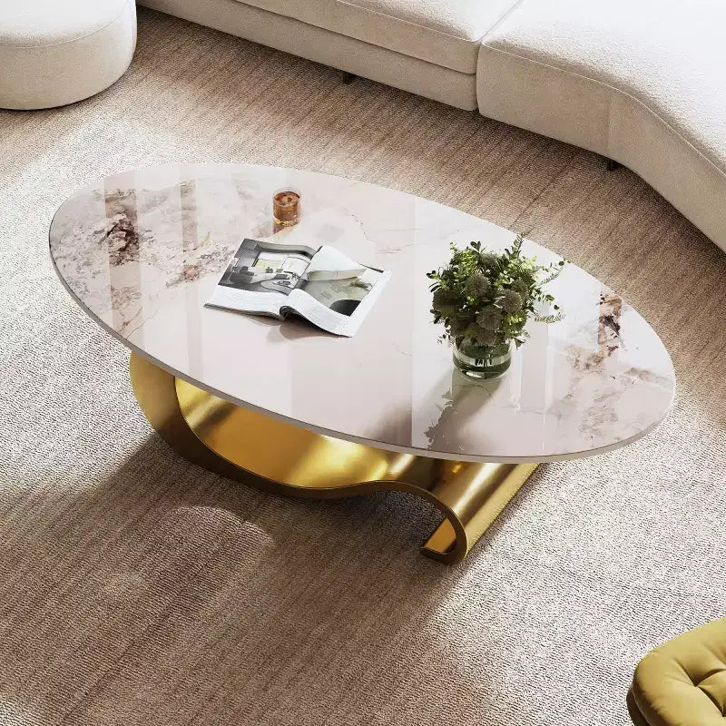 49-Inch Oval Coffee Table with Faux Marble Top and Stainless Steel Base