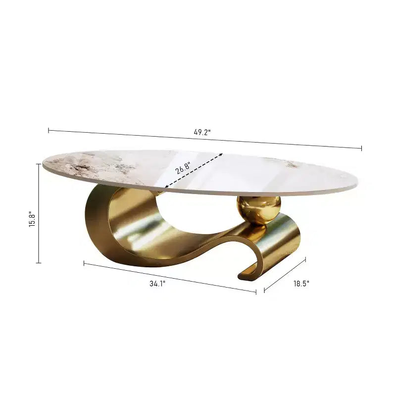 49-Inch Oval Coffee Table with Faux Marble Top and Stainless Steel Base
