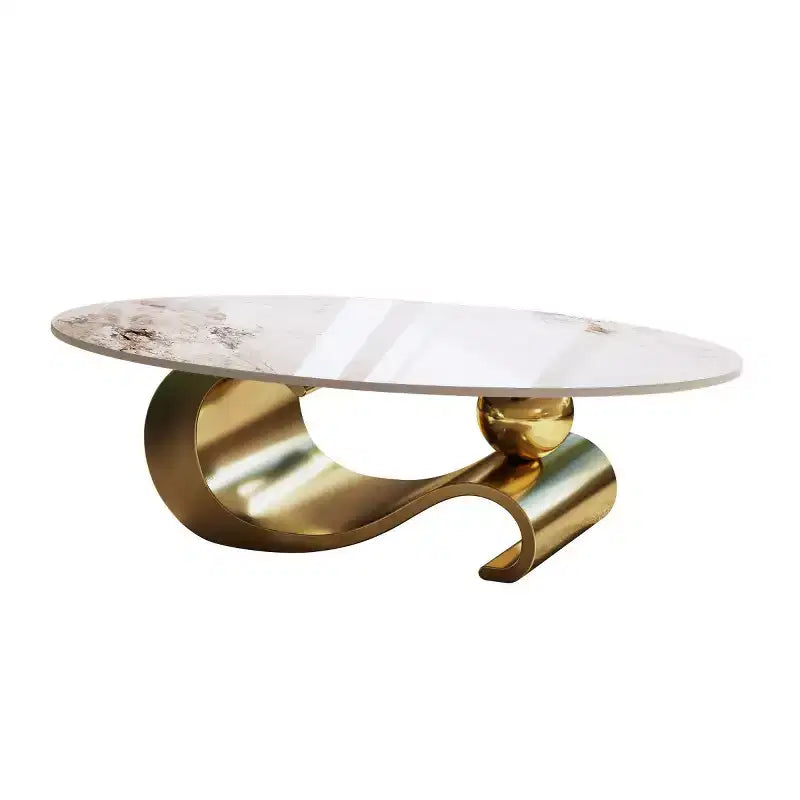 49-Inch Oval Coffee Table with Faux Marble Top and Stainless Steel Base