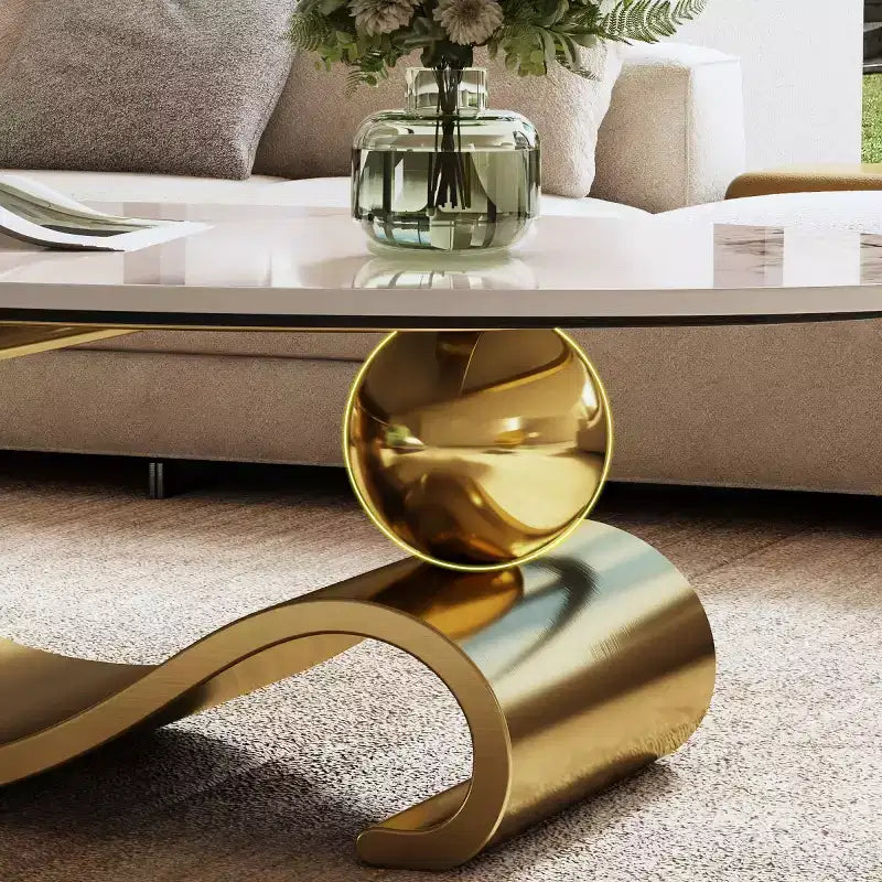 49-Inch Oval Coffee Table with Faux Marble Top and Stainless Steel Base