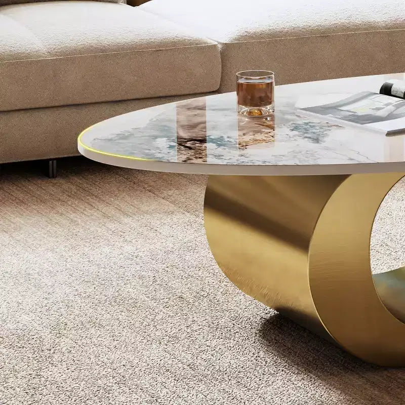 49-Inch Oval Coffee Table with Faux Marble Top and Stainless Steel Base