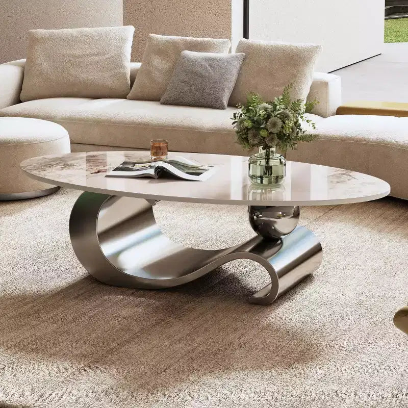 49-Inch Oval Coffee Table with Faux Marble Top and Stainless Steel Base