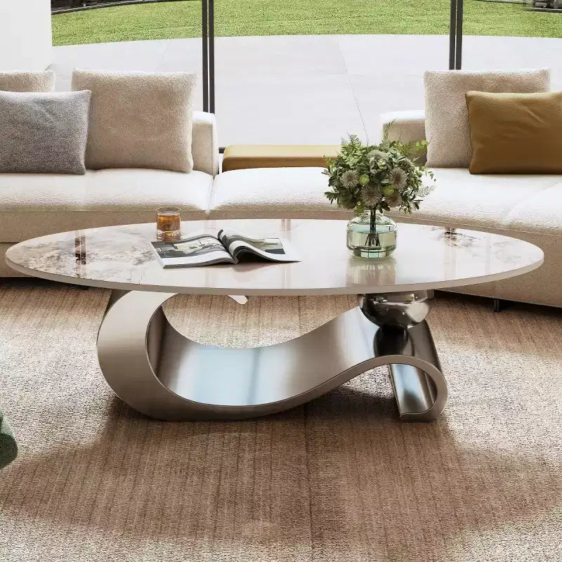 49-Inch Oval Coffee Table with Faux Marble Top and Stainless Steel Base