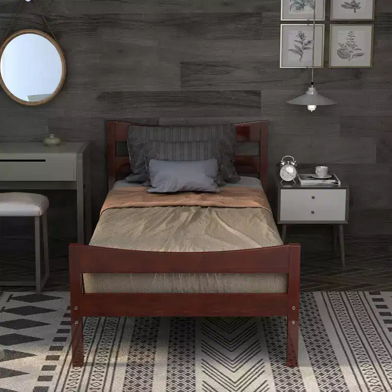 Twin Size Platform Bed Frame with Headboard and Wood Slat Support, Walnut