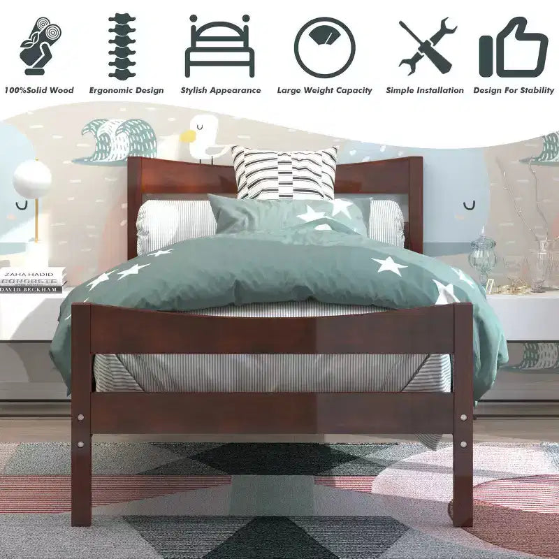 Twin Size Platform Bed Frame with Headboard and Wood Slat Support, Walnut
