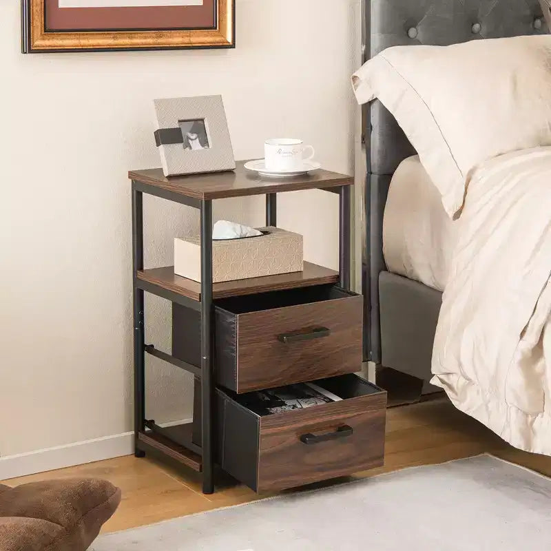 Nightstand Bedside End Table with 2 Fabric Drawers and Storage Shelf