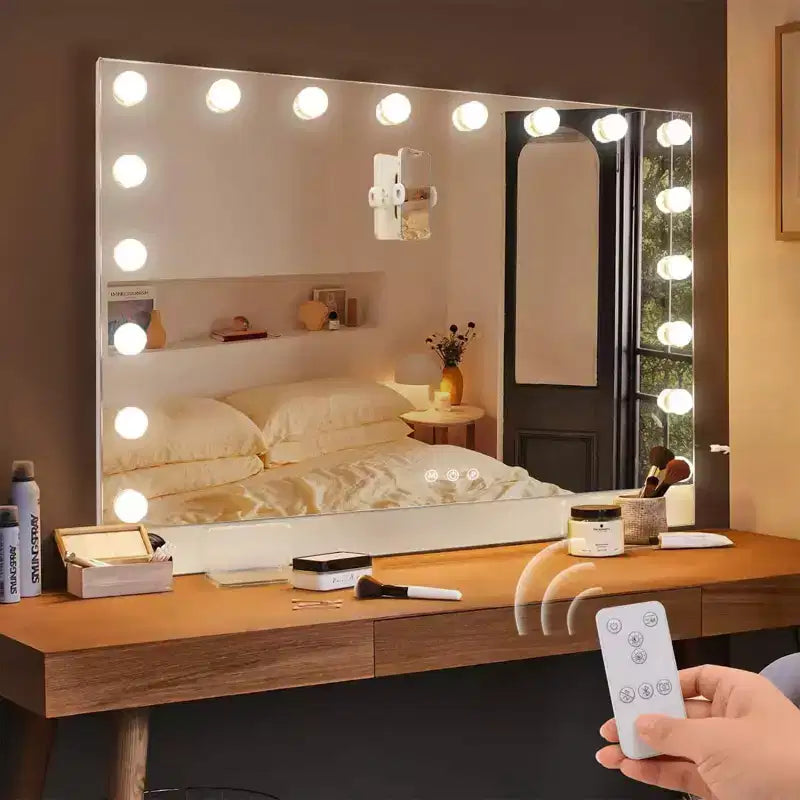 Modern Vanity Mirror with LED Lights, Remote Control, Charging Port and Phone Holder
