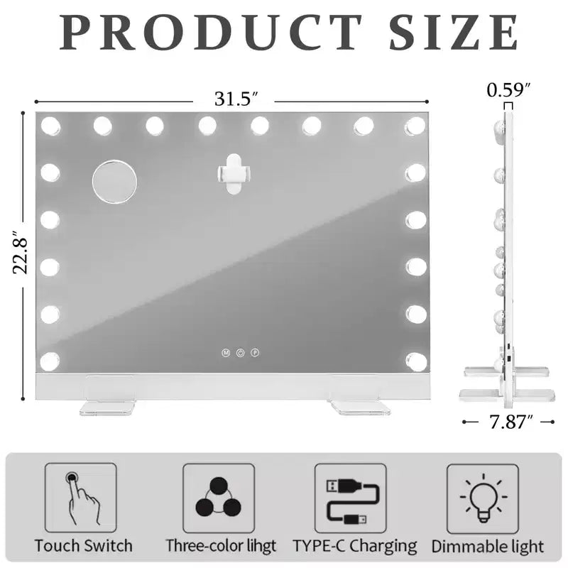 Modern Vanity Mirror with LED Lights, Remote Control, Charging Port and Phone Holder