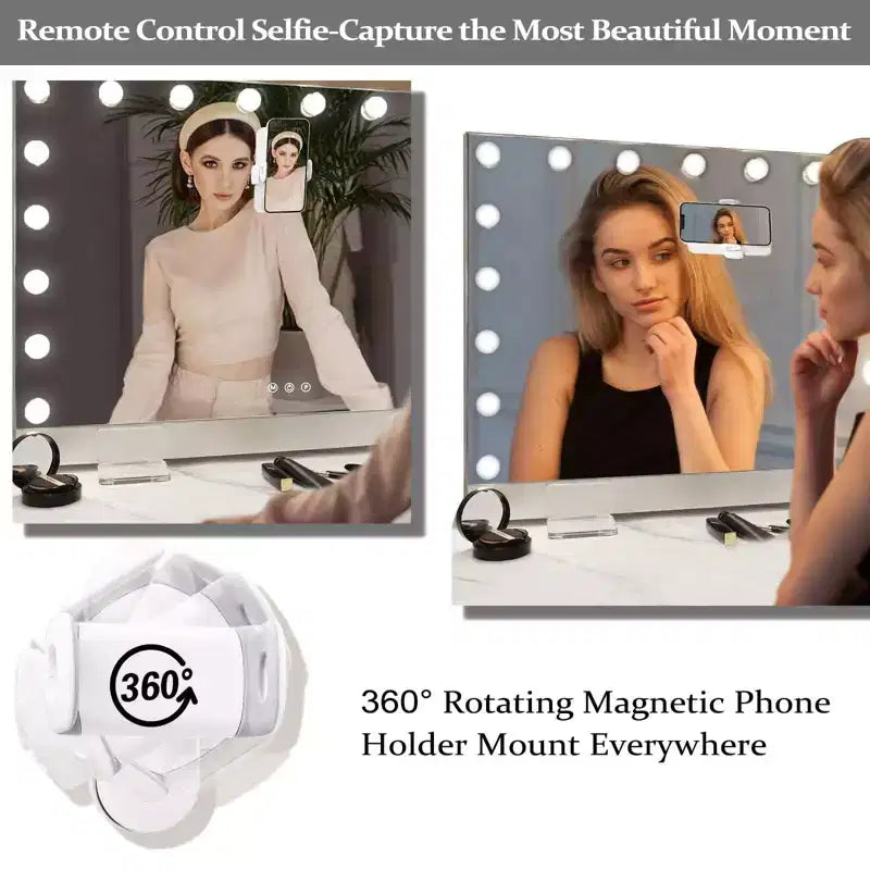 Modern Vanity Mirror with LED Lights, Remote Control, Charging Port and Phone Holder