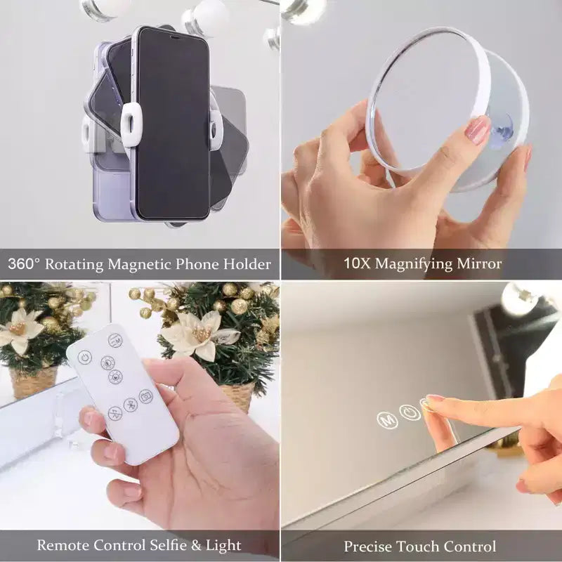 Modern Vanity Mirror with LED Lights, Remote Control, Charging Port and Phone Holder