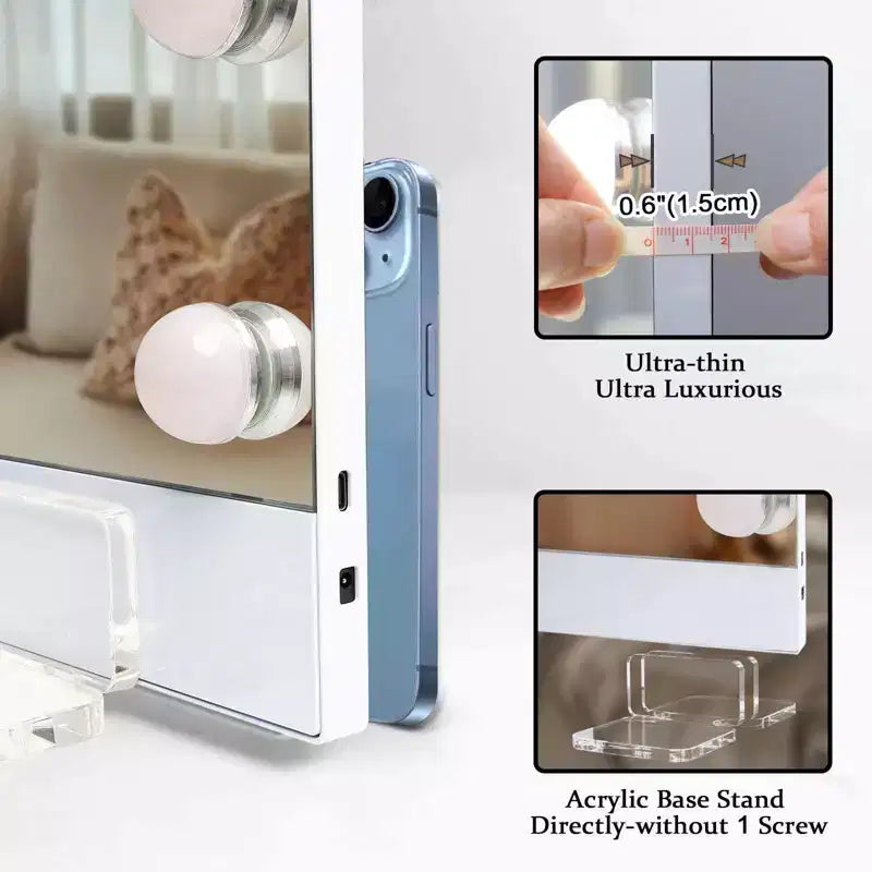 Modern Vanity Mirror with LED Lights, Remote Control, Charging Port and Phone Holder