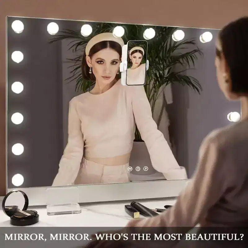 Modern Vanity Mirror with LED Lights, Remote Control, Charging Port and Phone Holder