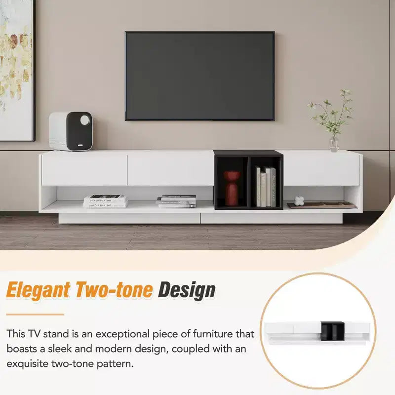 Modern Two-tone TV Stand for 80 TV, Wood TV Storage Cabinet Entertainment Center Media Console with Versatile Compartment