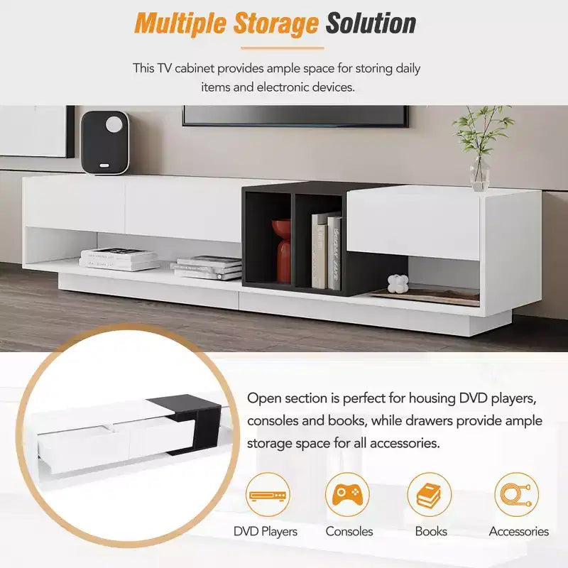 Modern Two-tone TV Stand for 80 TV, Wood TV Storage Cabinet Entertainment Center Media Console with Versatile Compartment