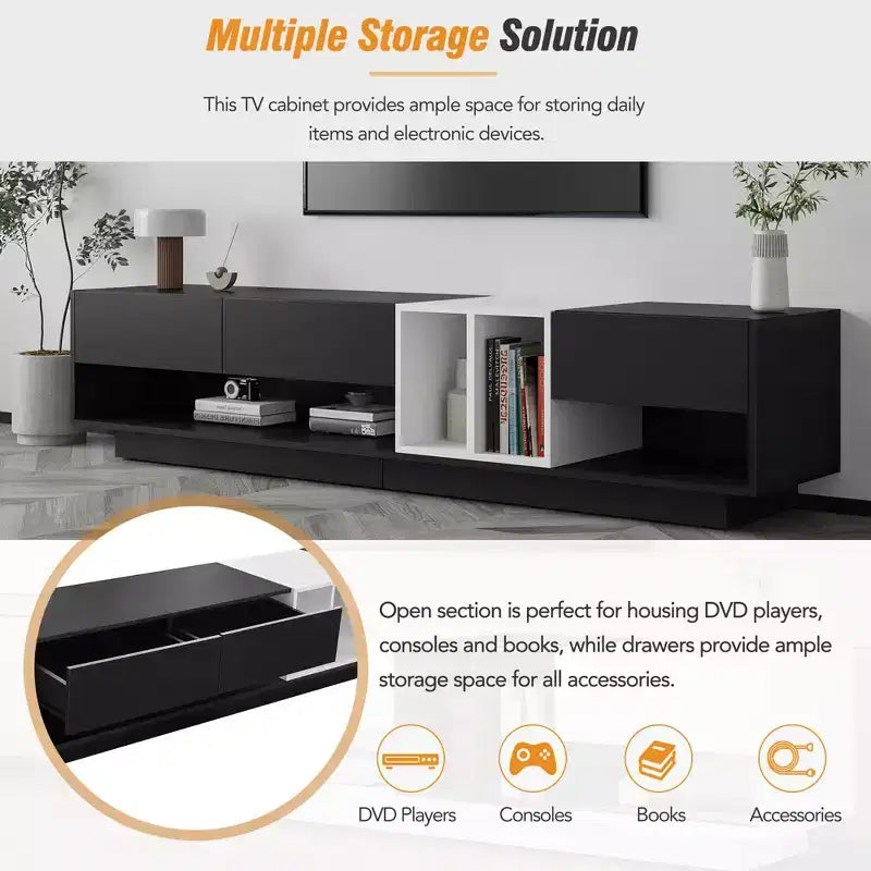 Modern Two-tone TV Stand for 80 TV, Wood TV Storage Cabinet Entertainment Center Media Console with Versatile Compartment