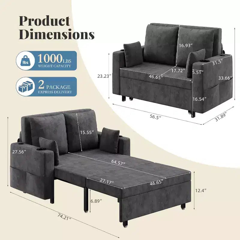 3-In-1 Pull-Out Couch, 56 Loveseat Sleeper Sofa Bed with Cup Holders & USB Charging, Full Size Pull-Out Sofa Couch